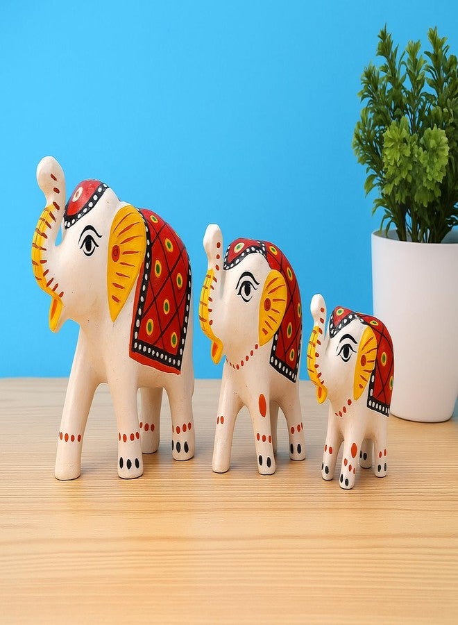 DreamKraft Paper Mache Handcrafted Set of 3 Elephant Action Showpiece Idols for Home Decor and Gift Purpose(White) - Image 1